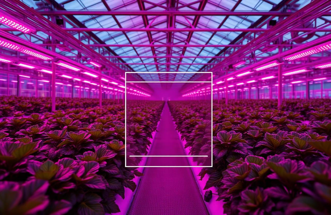 High-tech commercial greenhouse with rows of crops under purple LED grow lights and AI overlay highlighting environmental sensor readings.