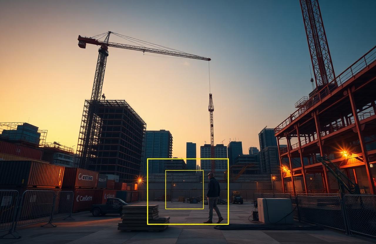 Active urban construction site at dusk with tower crane and AI overlay highlighting a person near restricted equipment.