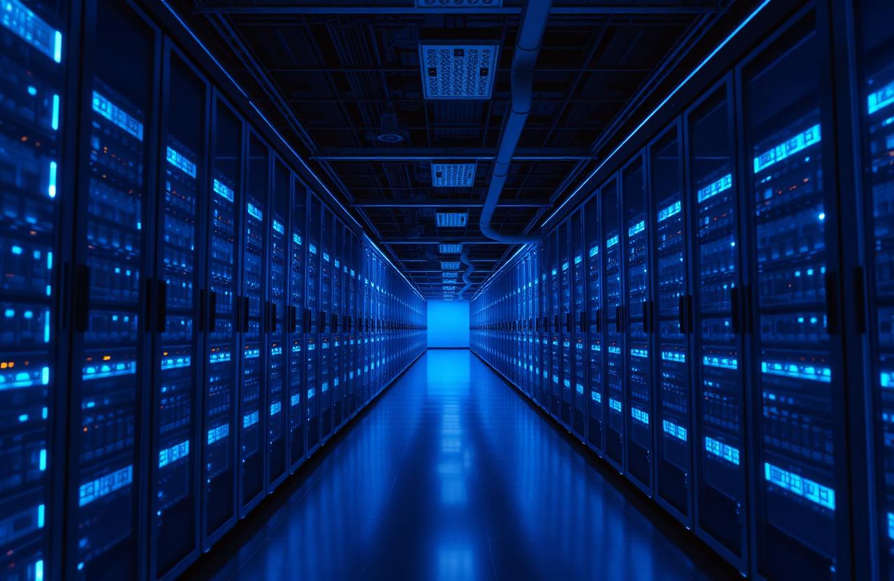 Data center hot aisle with thermal heatmap overlay highlighting an emerging hot spot on a server rack.