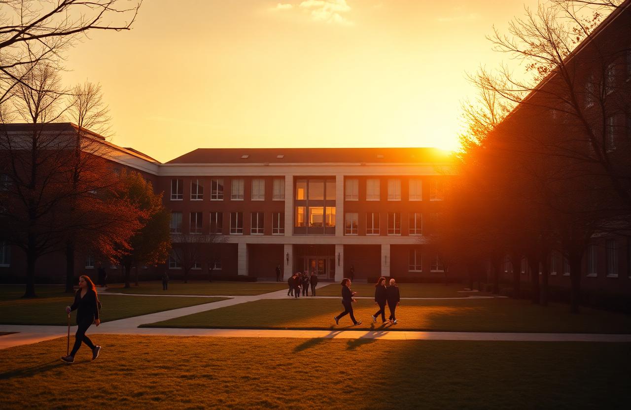 University campus quad at golden hour with anonymous occupancy and air-quality sensor overlays.