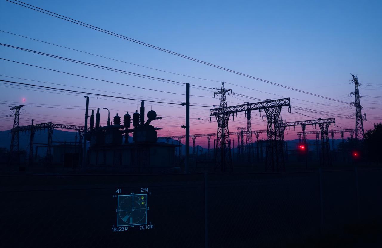 Electrical substation at twilight with AI bounding box detecting an intrusion at the fence line.