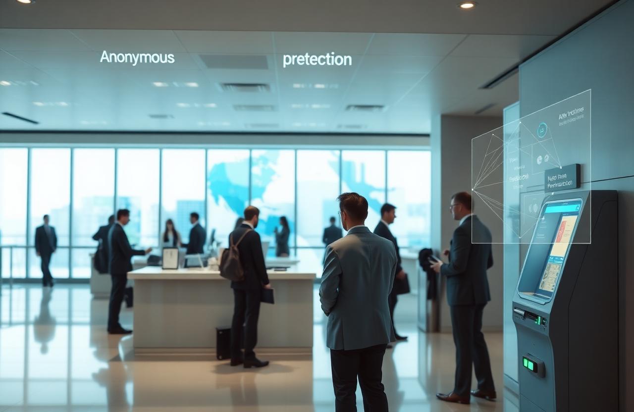 Modern bank branch interior with anonymous queue analytics and ATM perimeter detection overlays.