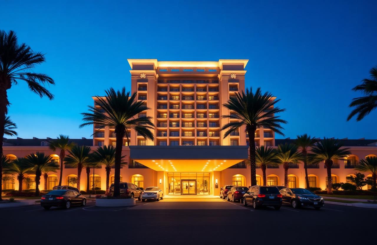 Luxury resort hotel exterior at twilight with palm-lined entrance and AI overlay highlighting a guest at the entrance.