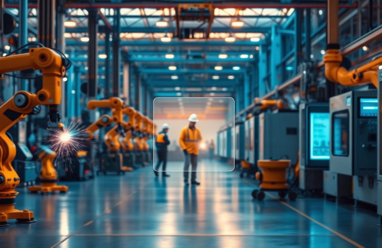 Automated factory floor with robotic arms and AI bounding box highlighting a worker near a restricted machine zone.