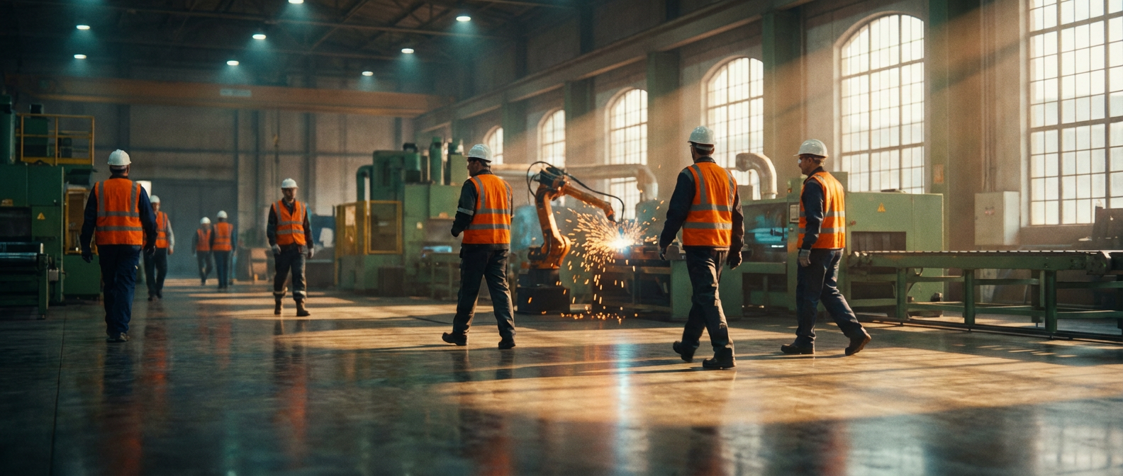 Factory floor with PPE detection bounding boxes and a restricted-zone alert.