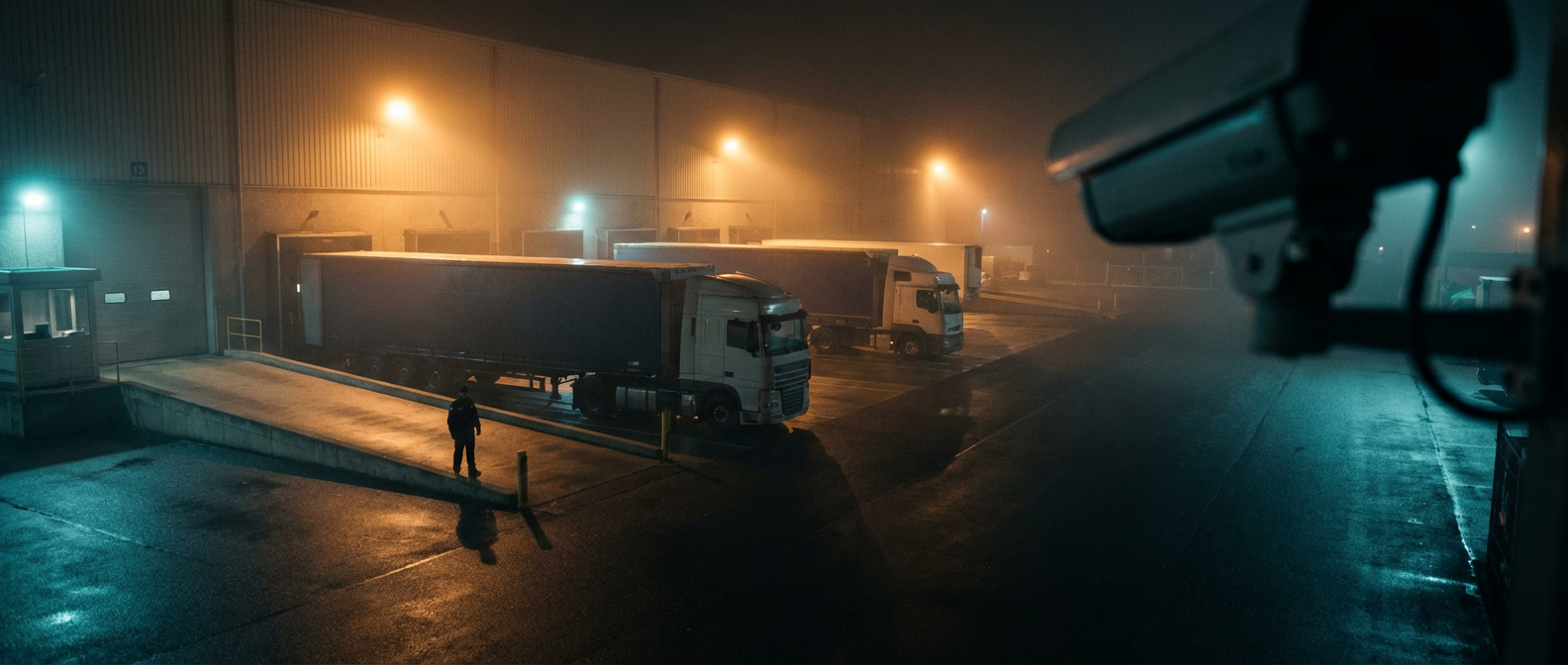 Security operator view: AI bounding box highlighting a person at a warehouse loading dock at night.