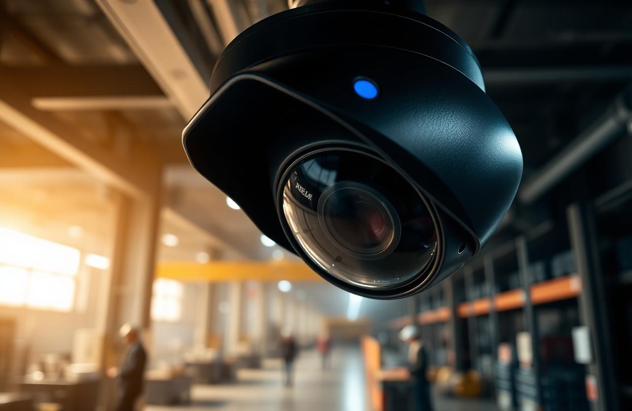 Modern security camera mounted on a ceiling watching an industrial facility.