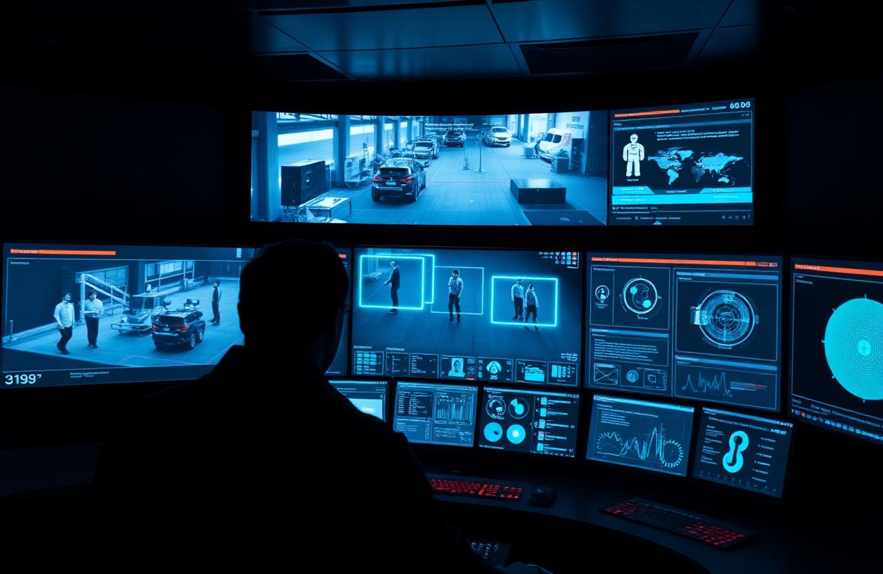 Operations control room with monitors showing AI bounding boxes tracking people and equipment.