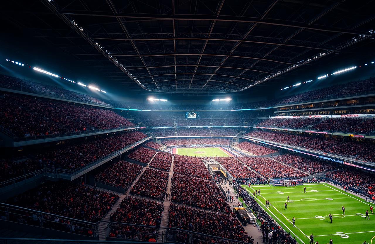 Large stadium concourse on game night with crowd density heatmap and gate throughput overlays.